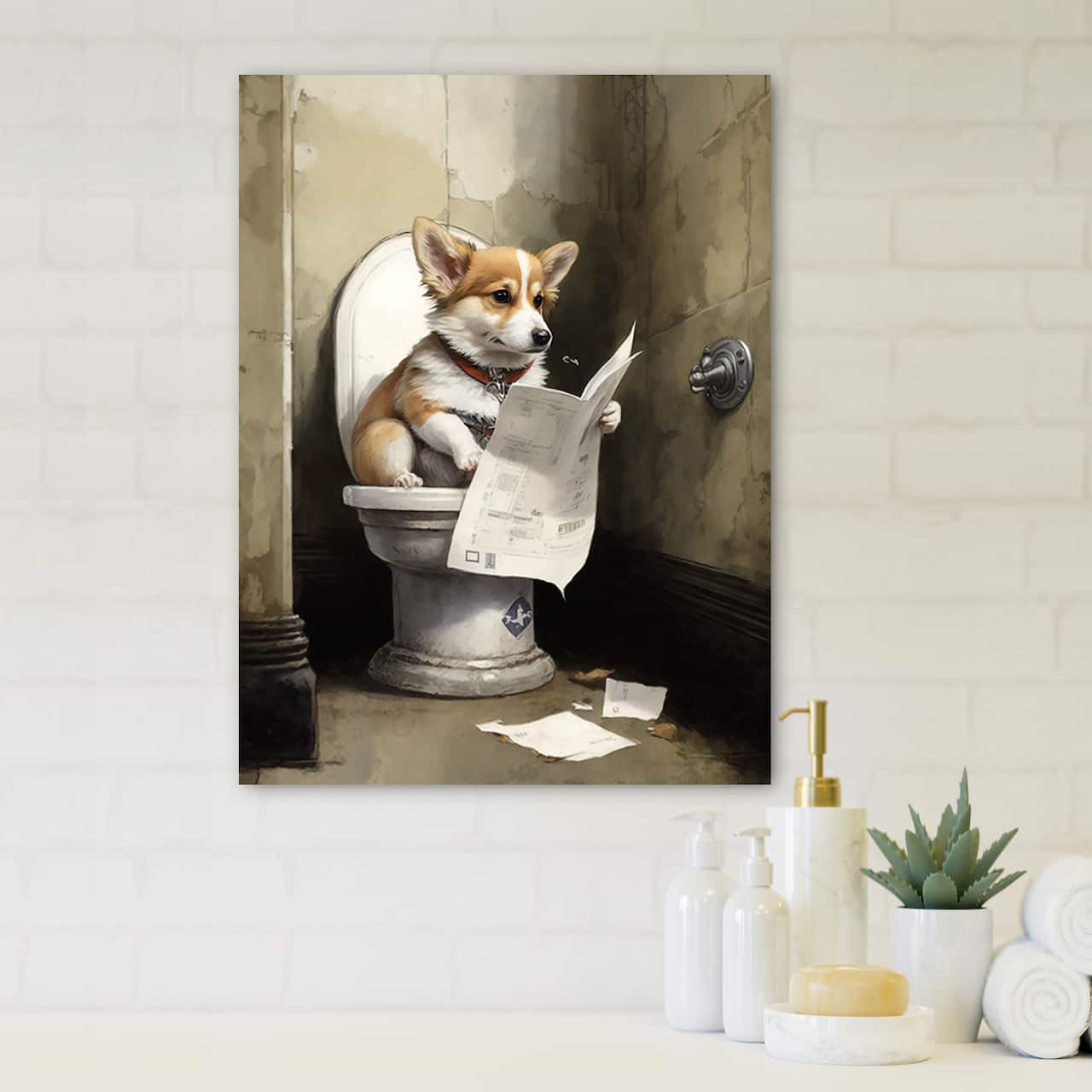 Designart 'Silly Corgi Reading News On Toilet' Animals Canvas Wall Art